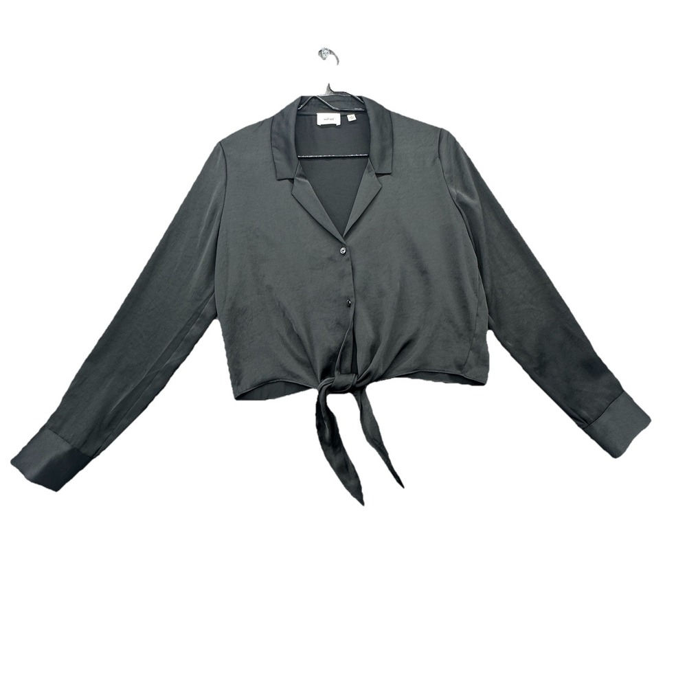Wilfred Aritzia Black Tie Front Cropped‎ Blouse Sz S Satin Long Sleeve